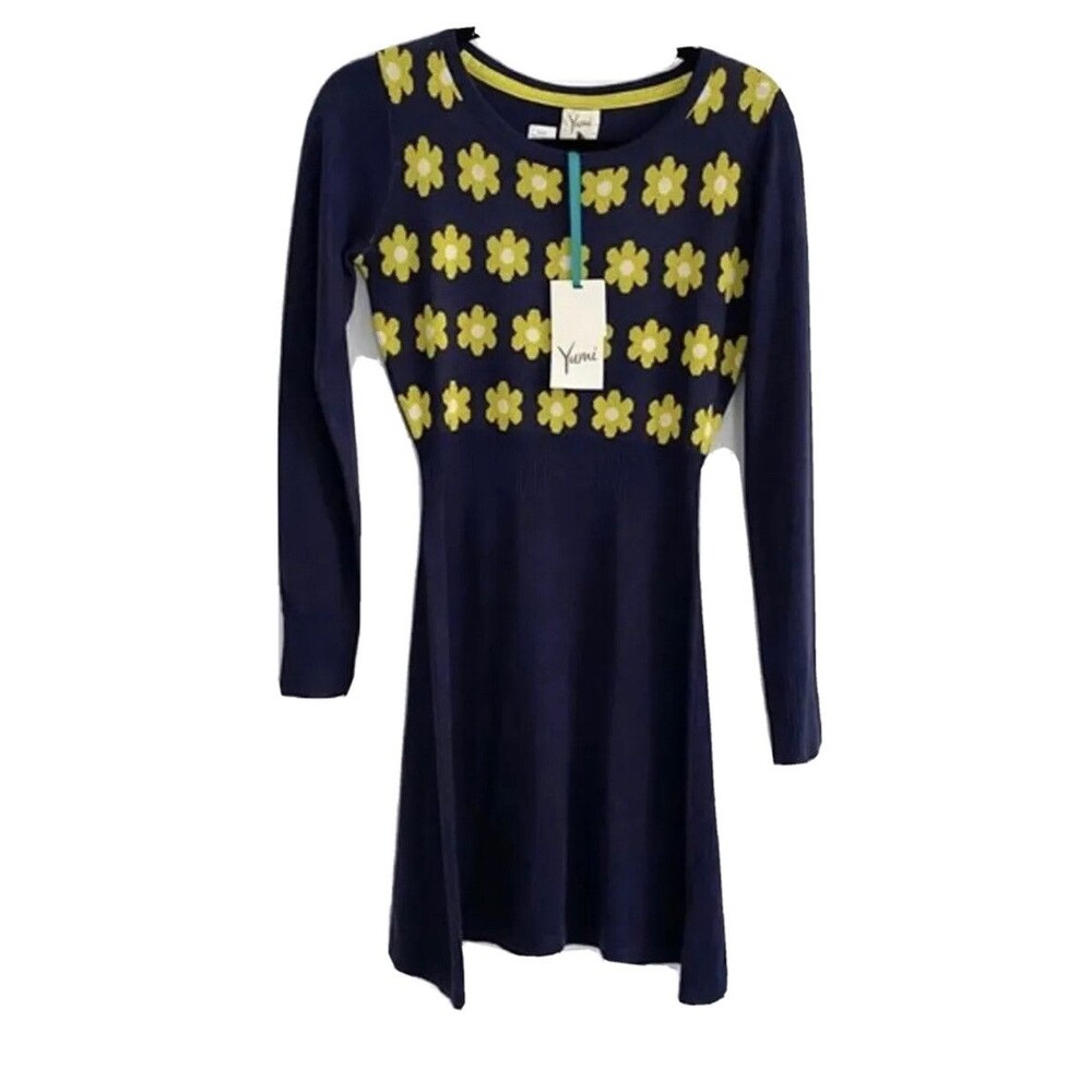 YUMI KNITWEAR Long Sleeve Navy Sweater Dress Yellow Daisy Flowers Sz 0/2
